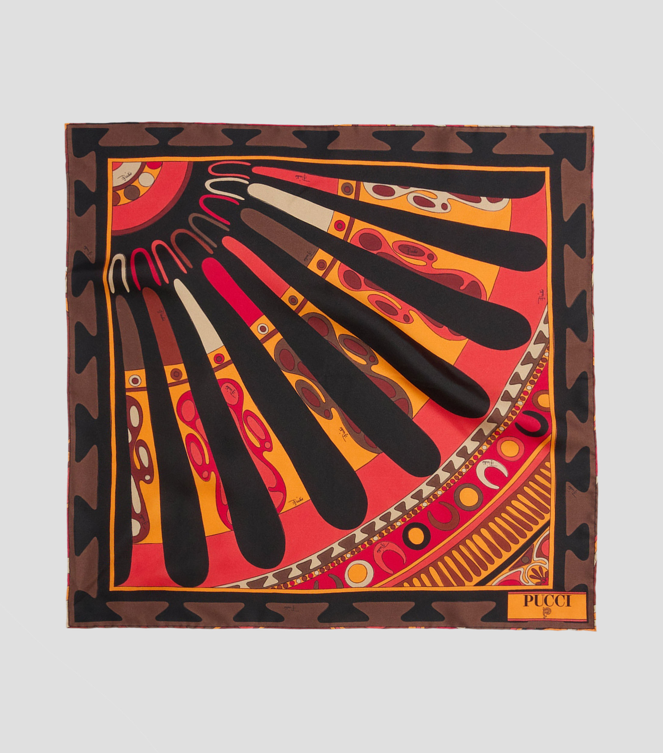 Foulard en seda negro con naranja estampado Mujer
